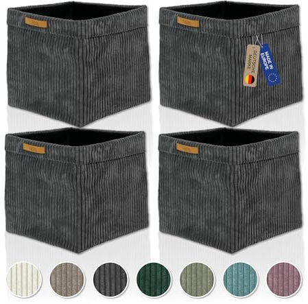 Lycce Kallax Boxen Cordstoff 4er Set | faltbare Aufbewahrungsboxen 33 x 33 x H31 cm mit abnehmbarem Cordbezug waschbar | Ordnungsboxen passend für Kallax Regal | dunkelgrau
