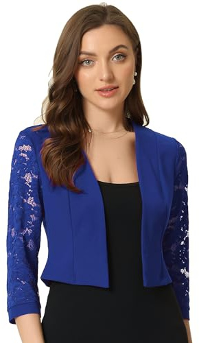 Allegra K Dam julkofta spets bolero främre öppen mesh långärmad arbete magfri krympkofta, Koboltblå, XS