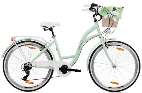 Goetze Mood 26 Zoll Jugendfahrrad, 17 Zoll Tiefeinsteiger Stahlrahmen, 6-Gang Kettenschaltung, doppelte V-Bremsen, LED-Beleuchtung, Rattankorb, Komfortsattel, mit Seitenständer & Klingel