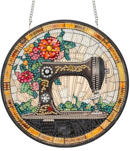 Reofrey Hanging Diamond Art Kits Adults– 8x8 Inch Sewing Machines Acrylic Board Double Sided Pattern Diamond Art Suncatcher Pendant, DIY Crystal Art for Home or Window Decoration Handmade Gift