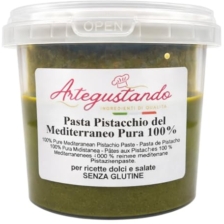 Artegustando Pasta di Pistacchio 100% Pura 250gr,Senza Zucchero e Senza Glutine Ideale per Gelato Artigianale, Pasticceria, Dolci e Granite Semilavorato Professionale di Pistacchio.(250g)