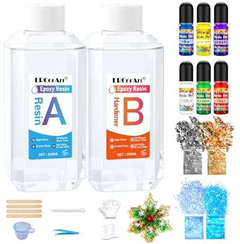 Epoxy Resin - 500 ml / 17.6 oz Resin Kit with Resin Pigment, Glitter, Stickers, Measuring Cups, Gloves, Gold Leaf, Tweezers, Poke Stick, Mixing Sticks, Manual Casting Starter Kit for Art