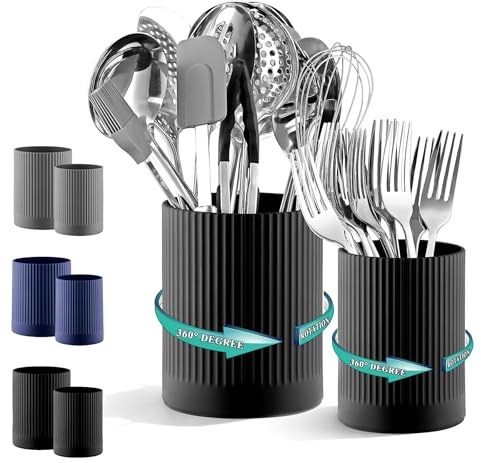 Kyraton Set de 2 Porte-Ustensiles de Cuisine, Rotatif 360° – Extra-Large en Plastique pour Comptoir + Petit Récipient pour Couverts, Brosses à Dents, Stylos & Crayons de Bureau.