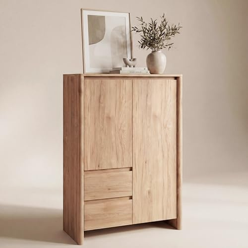 Newroom Highboard Wohnzimmer Wildeiche braun 86x145,5x40 cm - 2 Türen 2 Schubladen Push-to-Open Hochschrank 7 Fächer grifflos