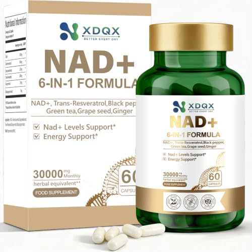 NAD+ Supplement for Men & Women with Resveratrol, 500mg NAD+ Cellular Energy Support, Anti Aging & Fatigue Reduction Formula with Green Tea, Grape Seed & Absorption Boost, 60 Capsules