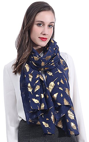 Lina & Lily Foulard Femme à Plumes Métallisées, Écharpe Tissu Léger 180cm X 75cm (Bleu marine-Or)