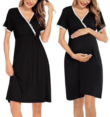 SWOMOG Women Lace Maternity Dress with Nursing Delivery Nightgowns Hospital Breastfeeding Nightgown Black