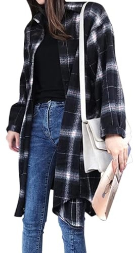 ORANDESIGNE Donna Camicia a Quadri Classici Bluse Casual a Maniche Lunghe Stile di Boyfriend B Nero XS