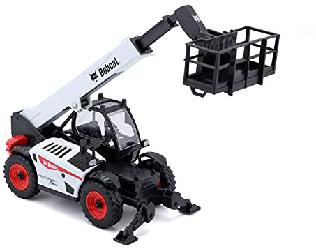 Bburago Bobcat T40.180 SLP Teleskoplader mit Arbeitsplattform: Baufahrzeug im Maßstab 1:50, beweglicher Teleskop-Arm, ab 3 Jahren, 16 cm, weiß-schwarz (18-32088)