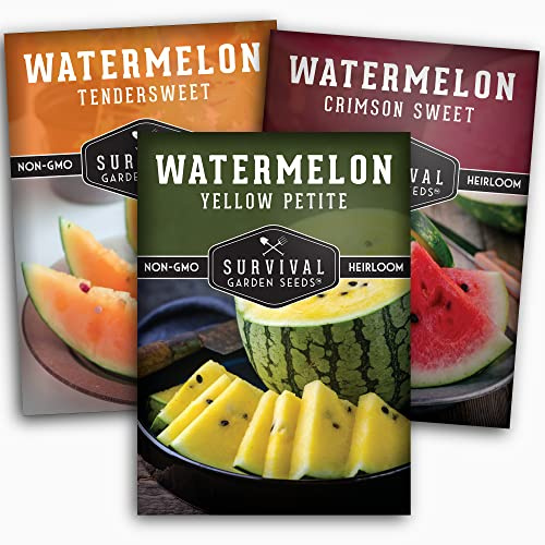 Tri-Color Watermelon Seeds for Planting - Heirloom Variety Pack: Crimson Sweet, Yellow Petite, & Tendersweet Orange Watermelons - 3-Variety Fruit Seed Collection by Survival Garden Seeds