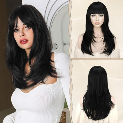 Sofeiyan Parrucche Nero Lunga Layered Con Frange Lisci per Donna,Radici Scure Capelli Ondulati Parrucche sintetico Resistenti al Calore Naturale dritta Parrucche con frangia per Halloween/Party-60cm