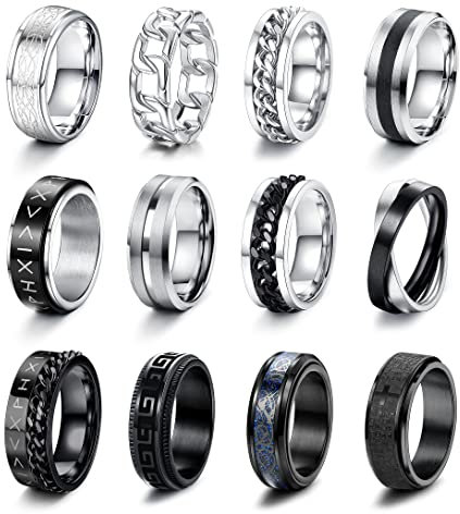 CASSIECA 12 Stück Ring Herren Fidget Spinner Anti Angst Ringe Band Ketten Ringe Silber Schwarze Ehering Verlobungsringe Zappel Ring Geburtstag Geschenke für Herren Größe 62