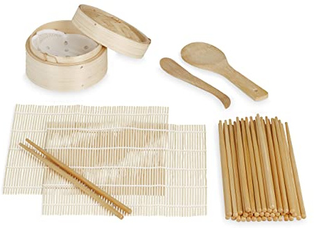 Relaxdays Kit Sushi, Bambú, 2 Esterillas, Vaporera, 20 Pares de Palillos, Cuchara Arrocera, Espátula de Arroz, Natural