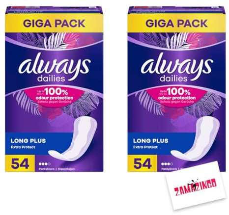 Always dailies | Extra Protect | Long Plus | Slipeinlagen Damen 54er Giga Pack (Long Plus 54er, 2er Pack) + Zama4Zingo Karte