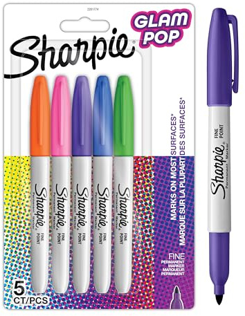 Sharpie Glam Pop Permanent Markers | Fine Point for Bold Details | Assorted Vibrant Colours | 5 Marker Pens