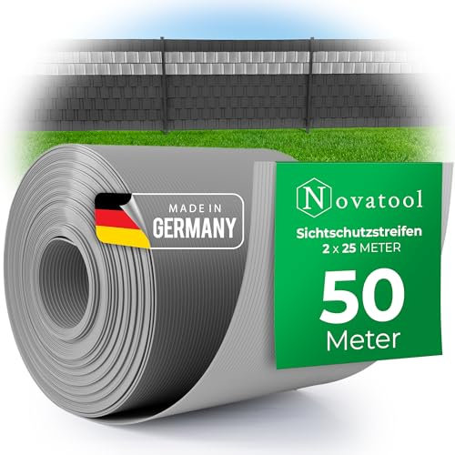 Novatool Premium PP 50m Rollen Sichtschutzstreifen für Doppelstabmattenzaun Fenster GRAU für 20 Reihen Stabmattenzaun Sichtschutzstreifen langlebig & witterungsbeständig Zaunelemente Sichtschutz