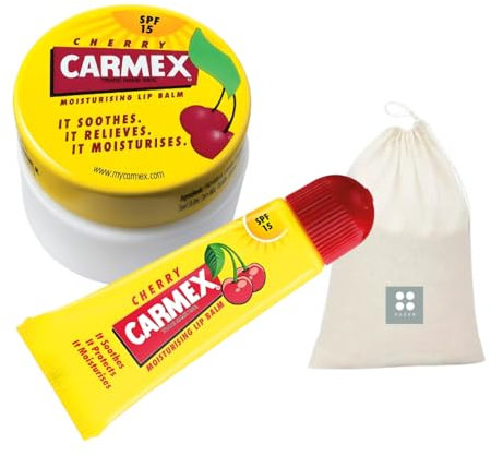 Lip Care Balm Multipack Set for Repair and Relief with Carmex Tube Lip Balm 10g & Lip Balm Pot 7.5g - Cherry Bundled with SAESR Handy Carry Pouch.