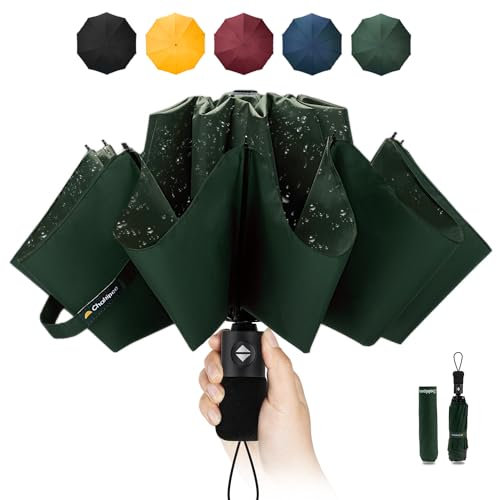 Chakipee Travel Windproof Strong Compact Umbrella - 10 Ribs Green Portable Umbrella for Men and Women - Inverted Folding Automatic Umbrellas for Wind and Rain, 210T Fabric 105cm Span