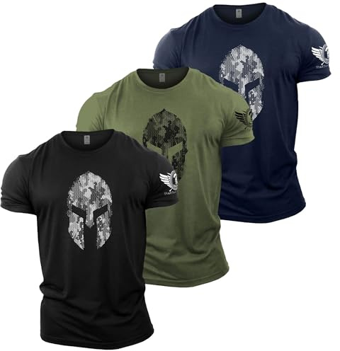 GYMTIER Men's Gym T-Shirt - 3 T-Shirt Bundle - Bodybuilding Training Top, 3 Pack Spartan Hex, XL