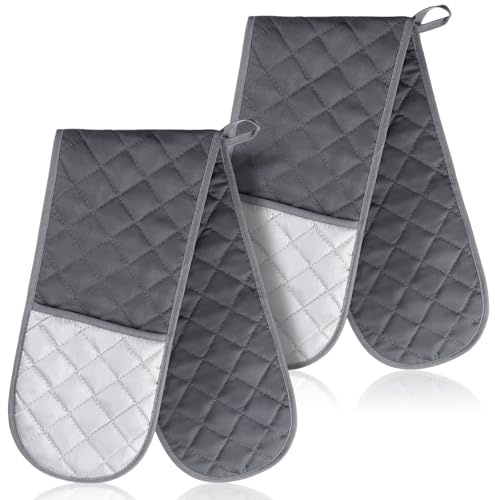 Neer 2 Pcs Double Oven Mitts Heat Resistant Kitchen Oven Gloves Non Slip Double Pot Holder Long Kitchen Mittens Cooking Gloves for Cooking Baking Collection Grilling BBQ Microwave(Grey)