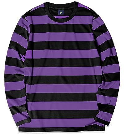 Zengjo Mens Striped Long Sleeve T Shirt(Purple Black,S)
