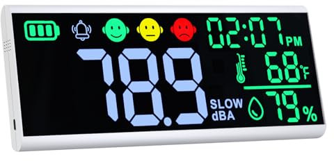 Medidor de decibelios de 13 pulgadas, medidor de nivel de sonido de pared y mesa, gran dispositivo LED para mostrar decibelios, hora, temperatura y humedad con alarma de iconos y zumbador para aulas y