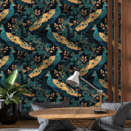ICYEHAO Papel Pintado Pared Pajaros y Flores,44 x 300cm Papel Pintado Pared Verde con Pavo Real Papel Pintado Hojas Verdes Amarillo Papel Adhesivo para Muebles,Baño,Dormitorio,Salón,Sala de Estar