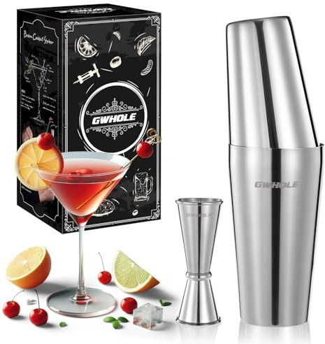 GWHOLE Shaker à Cocktail Shaker Boston en Acier Inoxydable 750mL 500mL TIN on TIN Kit Shaker à Cocktail avec Doseur 50mL 25mL Outils de Barman Professionnels pour Restaurant Bar Famille