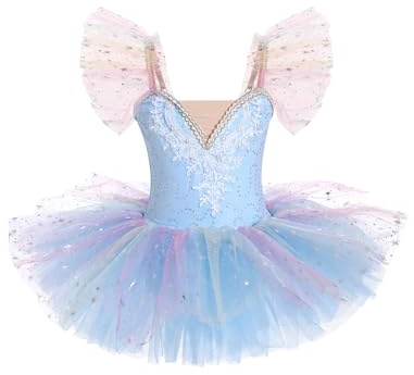 Odizli Ballerina Costume for Girls Kids Flutter Sleeve Lace Glitter Sequins Rainbow Tulle Tutu Skirt Gymnastic Leotard Outfit Swan Lake Dance Dress Skating Team Ballet Clothing Blue 7-8 Years