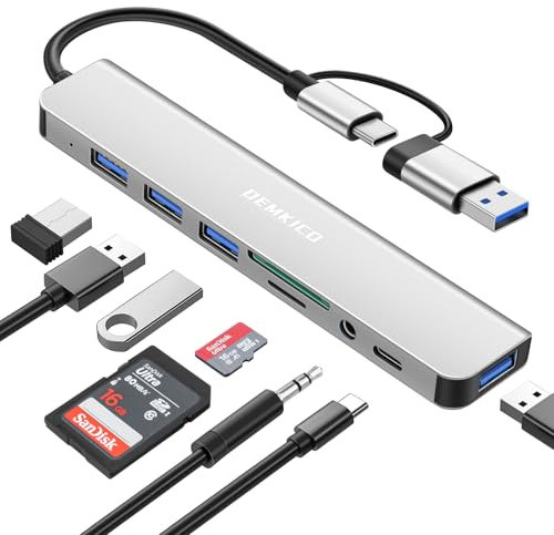 DEMKICO 8 en 1 Hub USB C avec 4 Ports USB, Lecteur de Cartes SD/TF, Prise Casque 3,5 mm, Port de données USB C, Compatible avec MacBook Pro/Air/tablettes/Smartphones et Plus Encore (Argenté)