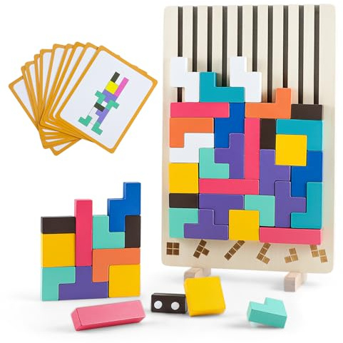 Puzzle d'Incastro in Legno con Blocchi, 42 Pezzi e 10 Carte, Giocattolo Montessori con Forme Geometriche, Gioco di Associazione, Regalo Educativo STEM per Bambini dai 3+ Anni, Gioco di Logica in Legno