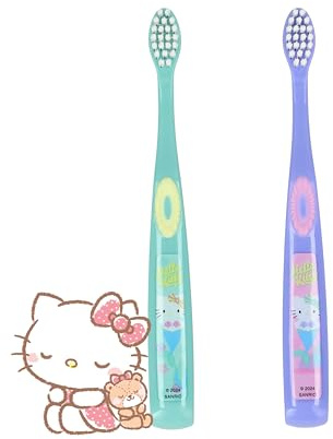 Hello Kitty® Cepillos de Dientes para Niños | Set 2 Piezas | Cerdas Suaves de Nylon | desde 3 Años | Mango Ergonómico | Diseño Colorido y Lúdico | Verde y Morado 11cm