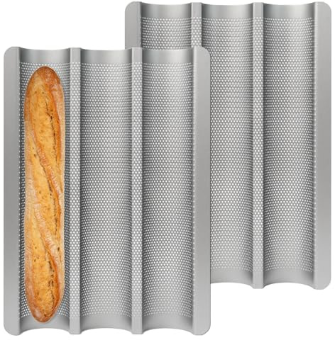 Pilikoll 2 Piezas Bandeja de Horneado para Pan para 3 Barras Molde para Baguette de Acero al Carbono Antiadherente Molde para Baguette Perforado Molde pan Baguette para Ondas Bandeja de Cocina