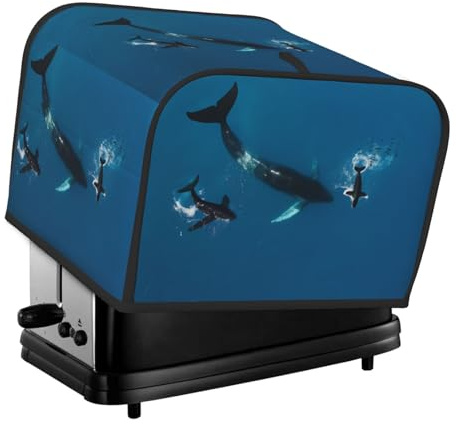 Cubierta para tostadora de 4 rebanadas de cola de ballena marina, protector de tela Oxford impermeable a prueba de polvo con bolsillo lateral para pequeños electrodomésticos de cocina