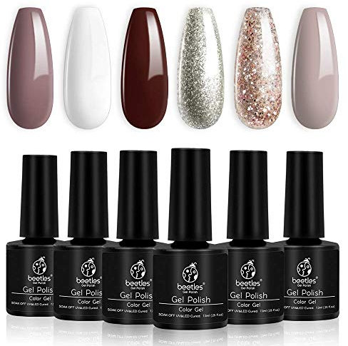 beetles Gel Polish-6 Pcs Burgundy Red Brown Champagne Gold Gel Polish Kit Snow White Nude Grey Soak off Nail Gel Polish Manicure Kit Gift
