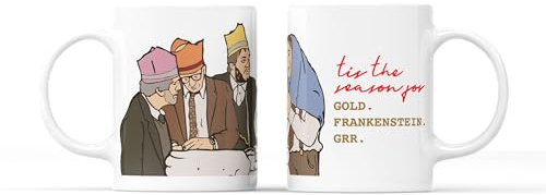 WillowGifts Gold, Frankenstein & GRR Mug - Bottom 90s TV Show Christmas Episode Quote Merch Gift Secret Santa Present Handle Coated Dishwasher/Microwave Safe Sublimation Ceramic (White)