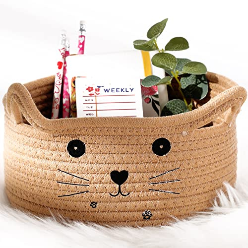 Zopeal - Panier de rangement tissé décoratif en forme de chat avec oreilles - Panier mignon en corde de coton pour animaux de compagnie, cadeau, jouets, chambre d'enfant - 21 x 12 cm - Kaki