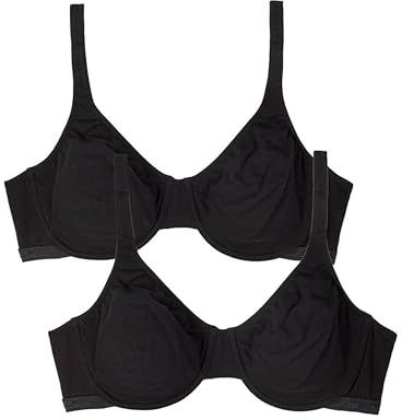 Fruit of The Loom Women's Cotton Stretch Extreme Comfort Bra 2 Pack Black Hue/Black Hue 36D