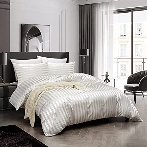 Funda nórdica de 220x240 cm, satén blanco, beige, 2 personas, rayas, satén, juego de cama de seda lisa, sedosa, brillante, liso, juego de funda nórdica con cremallera y 2x65x65 cm, fundas de almohada