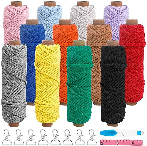 12PCS Makramee Garn 2mmx30m Baumwollschnur Bunt DIY Makramee Kordel Set Baumwollseil Baumwollgarn Baumwollkordel Baumwollschnur für DIY Handwerk Kreativ mit 8 Schlüsselanhänger 1 Schere 1 Lineal