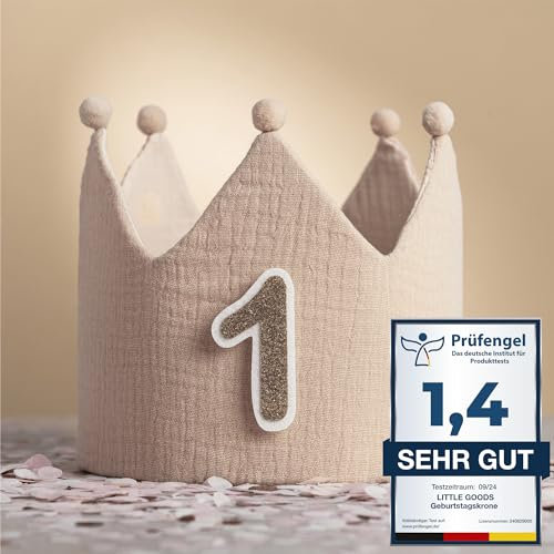 Little Goods Geburtstagskrone für Kinder - wendbare Musselin-Stoffkrone mit austauschbaren Zahlen 0-9 - Krone für Jungen und Mädchen, Pastell - Dunkelbeige - Hellbeige - Beige