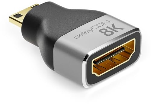 deleyCON Adaptador Mini HDMI Cable de Acoplamiento Conector 8K@60Hz / 4K@120Hz UHD 7680x4320 Aluminio HDMI 2.1 ARC HDR10+ Dolby Vision VRR ALLM 48Gbps Gris Negro