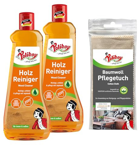 POLIBOY Holz Reiniger - Konzentrierter Holzmöbelreiniger für innen und außen - 2x 500 ml - Mit Baumwolltuch - Made in Germany