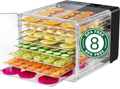 Reemix Dörrautomat, Dörrgerät mit 8 Etagen Abnehmbare, 6 Dörrebenen, LED-Display (30°-75°C) und 600W, 48h-Timer, Obsttrockner, Dehydrator, Rezeptheft, Spülmaschienfest (8 Etagen)