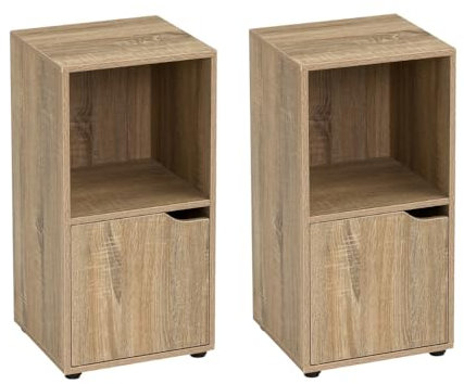 LOLAhome Set de 2 Mesitas de Noche 1 Puerta, Estantería de Madera, Librería con Puertas y Compartimentos Abiertos, Mueble almacenaje, Color Natural de 60x30x29 cm