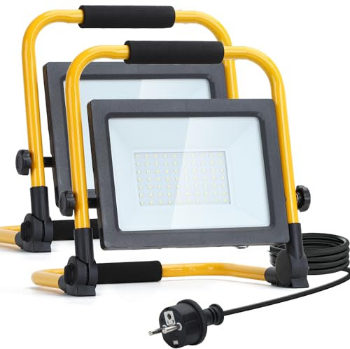 Aigostar Foco de Trabajo LED 50W,4480LM,Foco LED Portátil con Giratorio 360º,Impermeable,Soporte plegable,para Uso en Interiores y Exteriores,para Obra, Taller, Garaje,6500K Luz Blanca,2 piezas