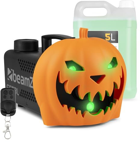 BeamZ S553L Nebelmaschine Halloween Deko mit LED Kürbis Kopf - 550 Watt Rauchmaschine mit 5L Flüssigkeit, 2-in-1 mit Halloween Kürbis Deko, 16 Farben Lichteffekt, Soundeffekt Nebelmaschine Mini