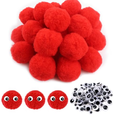 TOAOB 50 Piezas Pompones Grandes y Esponjosos de 4 cm Bolas de Fieltro Rojos con 100 Ojos Móviles Negros Para Decoraciones Manualidades Creativas y Decoraciones Bricolaje