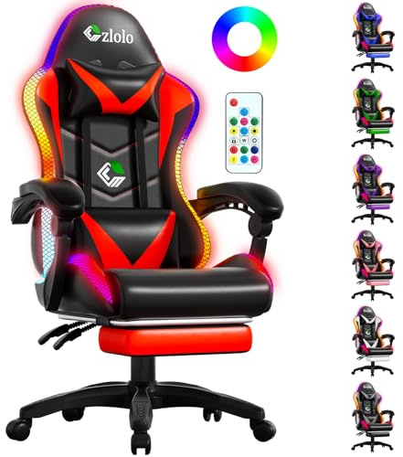 Czlolo Silla Gaming con Masajeador y LED, Silla de Estilo Racing Ergonómica Reclinable con Reposapiés y Cervical,Reposabrazos Acolchados, Ruedas 360°, para Adultos y niños,Rojo