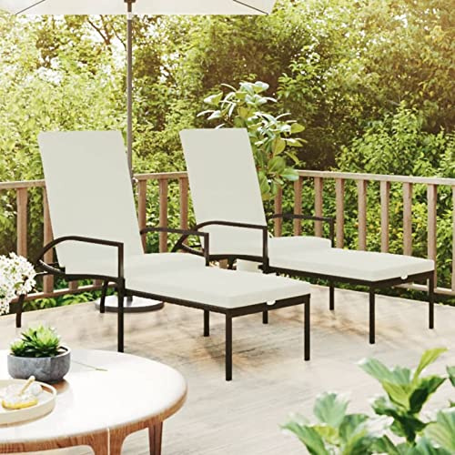 Sufrk Sun Loungers with Footstool PE Rattan Brown Folding Wooden Garden Lounger Set of 2